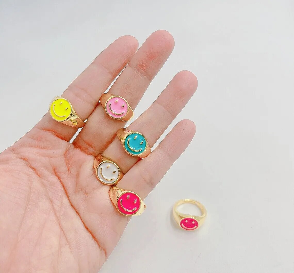 YUXINTOME 24k Gold Plated Colored Enamel Smile Face Wide Ring For Women Trend C image 7