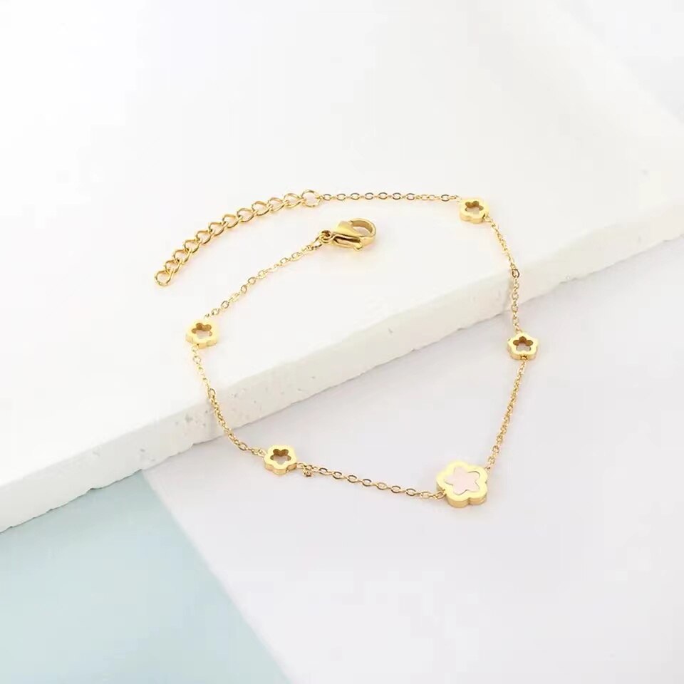 White Shell Flower Necklace Bracelet 2 Pc Set Natural Shell Gold Plated Link Ch image 5