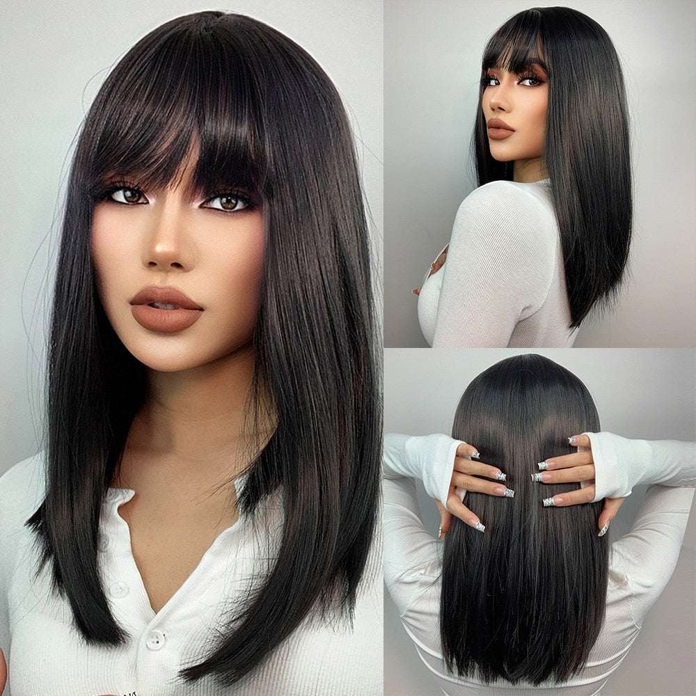 Short Straight Bob Wigs with Bangs Golden Brown Natural Synthetic Hair for Wome image 3