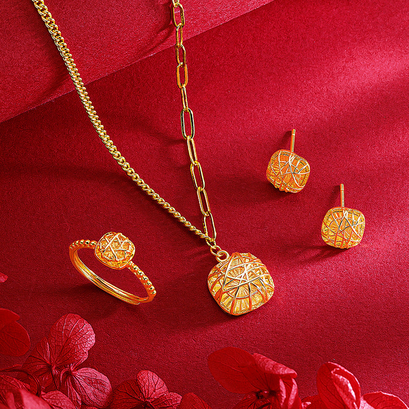 Real 18 K Gold Color Brushed Sugar Necklace Ring Earrings for Women Birthday We image 5