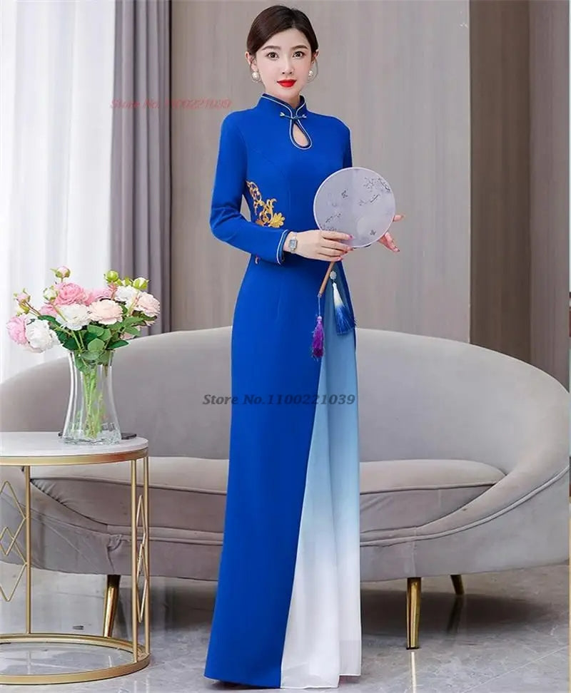 2024 vietnam traditional dress aodai chinese improved qipao national flower emb image 10