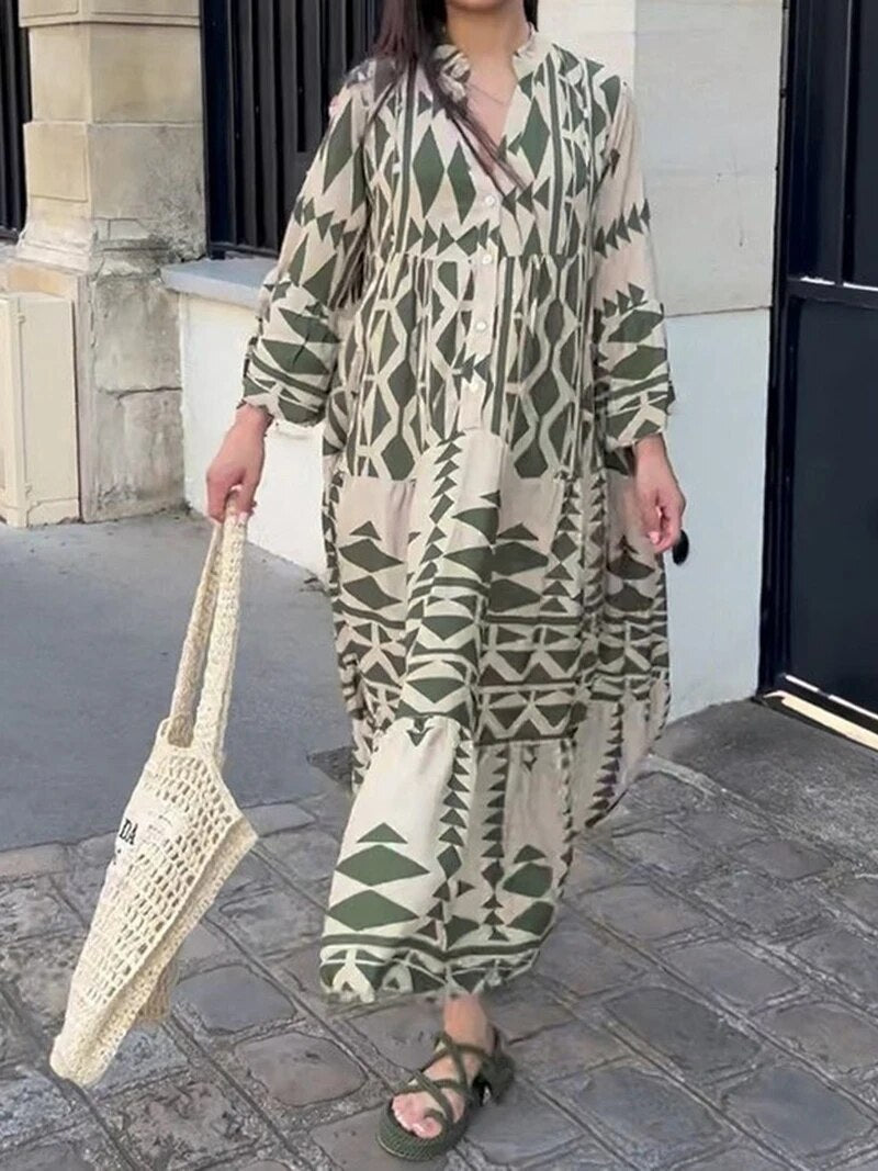 Elegant Summer Maxi Dress Women 2023 Casual Streetwear Vintage Geometric V Nec image 3