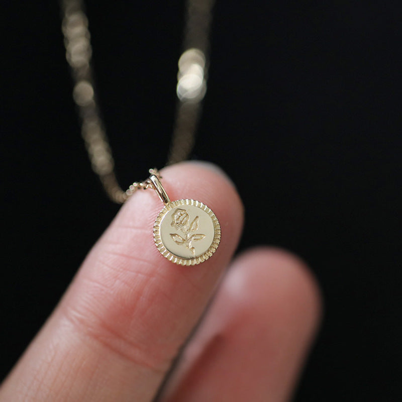 Rose small coin S925 sterling silver plated K gold necklace bead edge glossy ca image 3