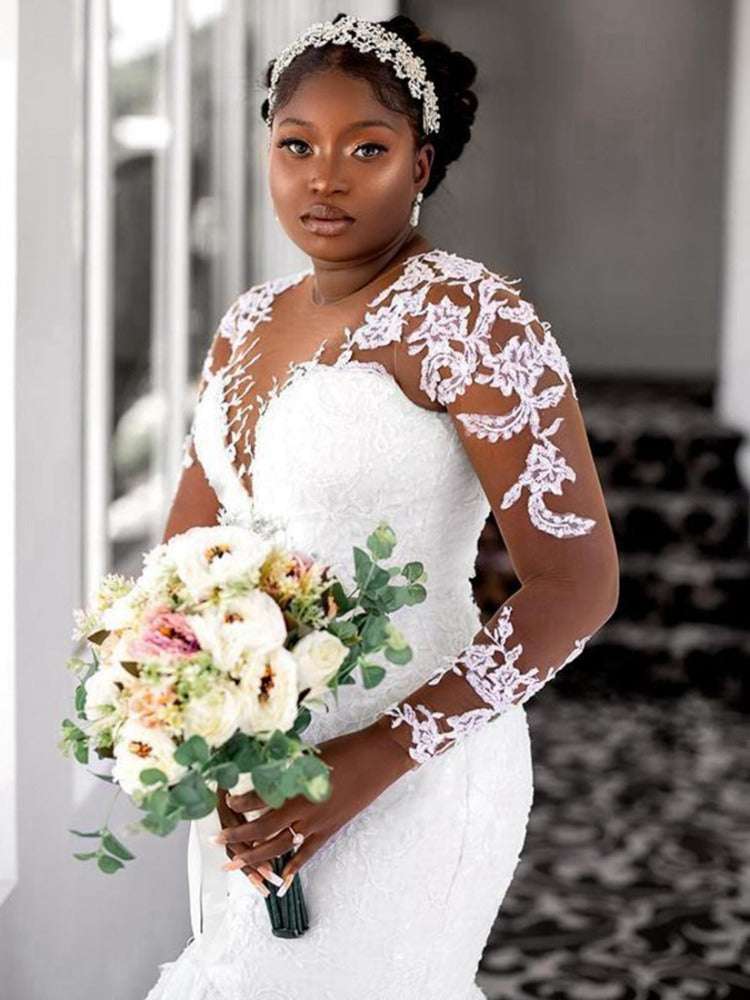 Luxury Sheer O-neck Mermaid Wedding Dress for Bride Robe De Mariée Dubai Africa image 3