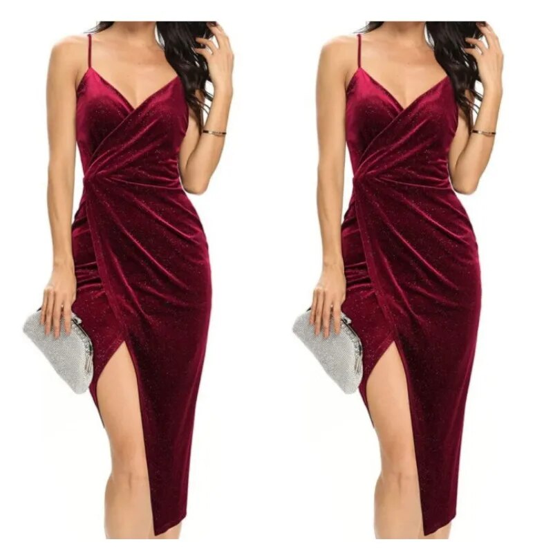 Cross Border European And American Women's Gold Velvet Strap Mid Length Dress S image 7