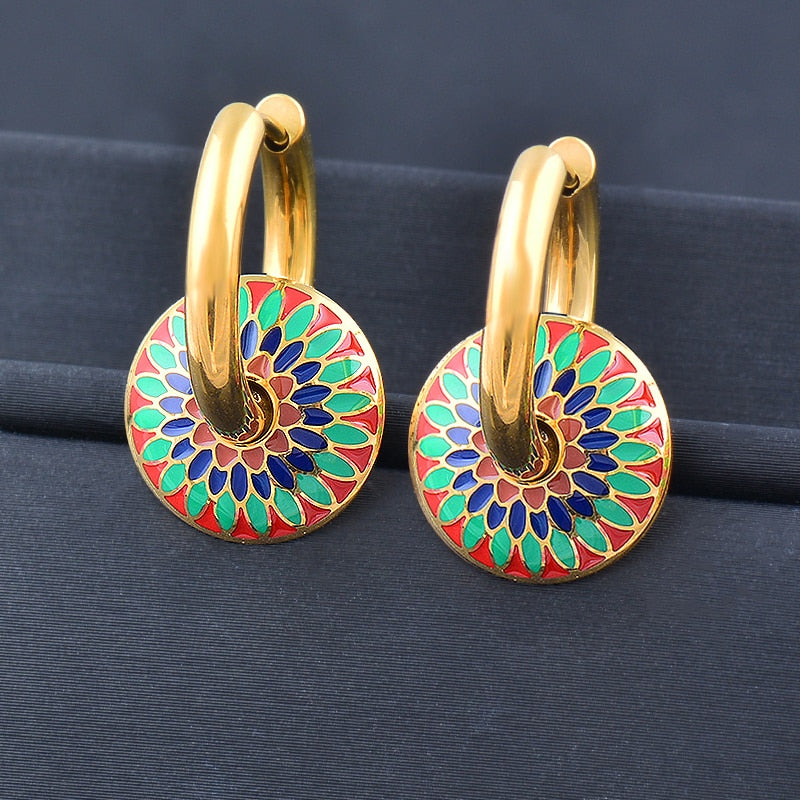 SINLEERY Colorful Enamel 316L Stainless Steel Gold Color Hoop Earrings For Wome image 1