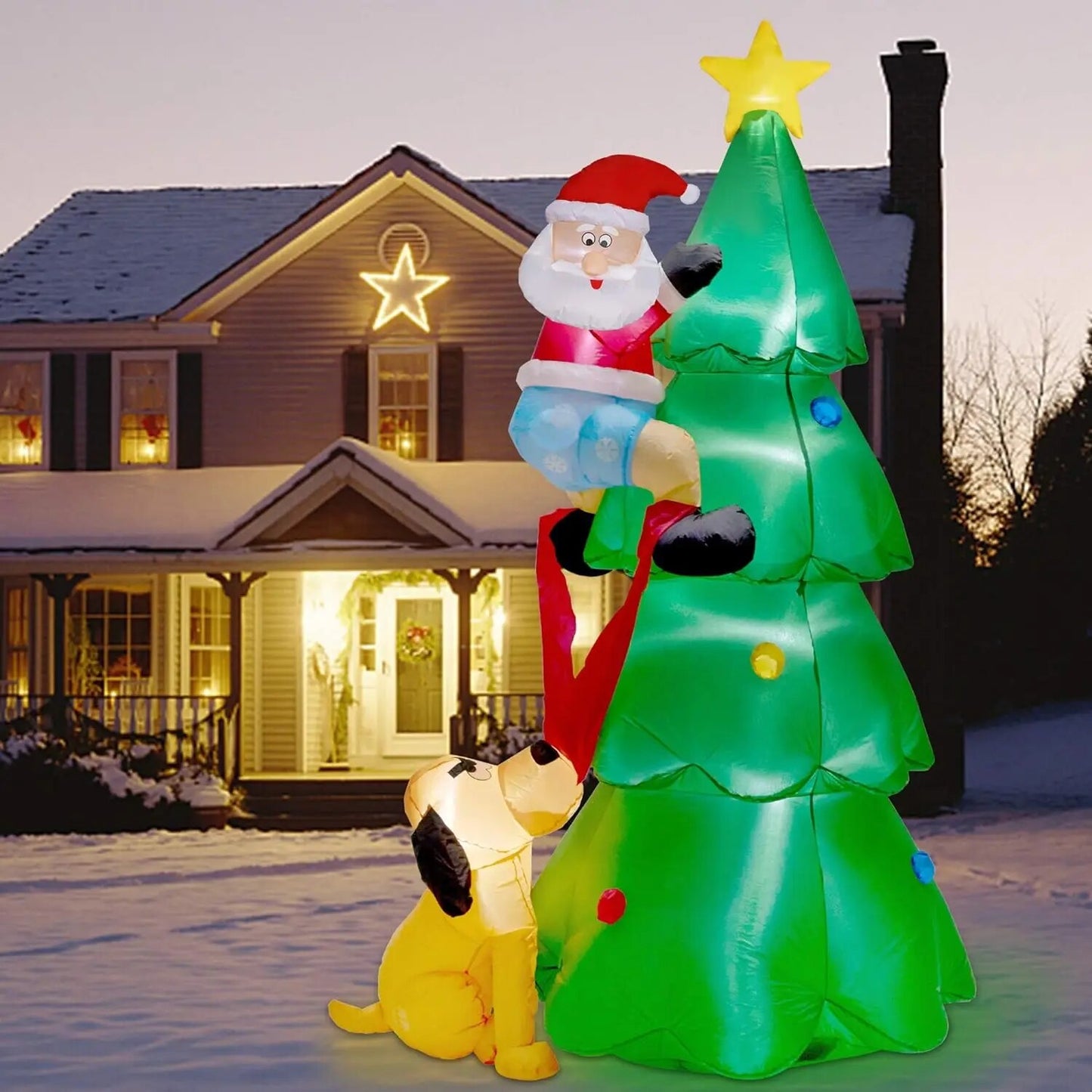 7FT Inflatables Lighted Christmas Tree with Santa Claus and Dog, Blow Up Indoor image 1