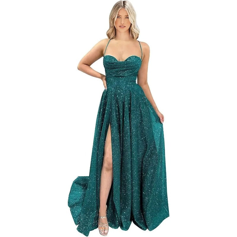Wakuta Shiny Spaghetti Straps Sequin Prom Dress for Women 2024 Sexy Sweetheart image 6