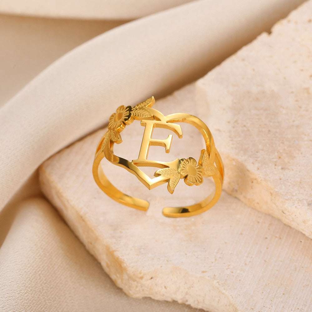 Stainless Steel Initials Flower Heart Rings Gold Color Adjustable Delicate Lett image 5