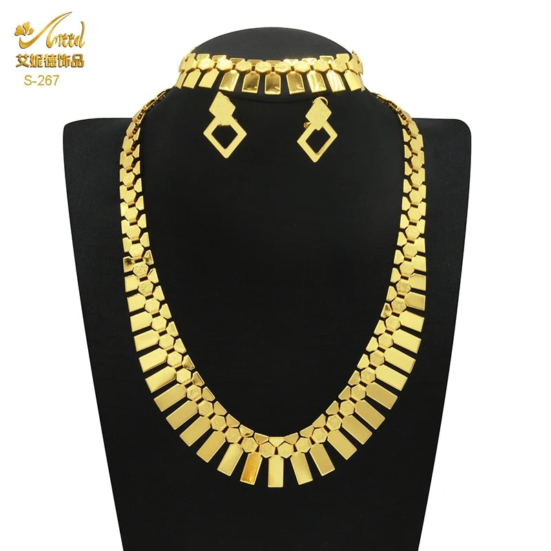 Indian Gold Plated Jewelry Set For Women African Bridal 24K Gold Color Necklace image 22
