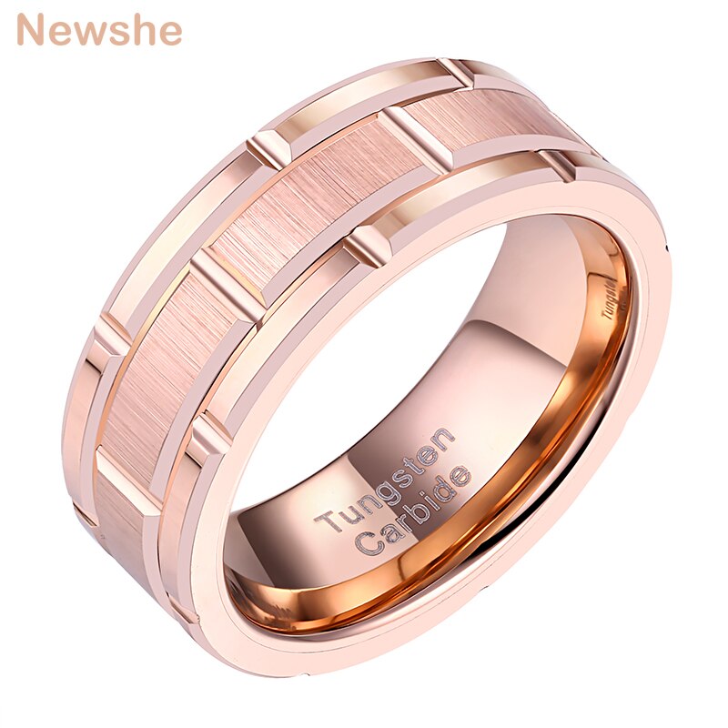 Newshe Men's Tungsten Carbide Ring 8mm Rose Gold Color Brick Pattern image 1