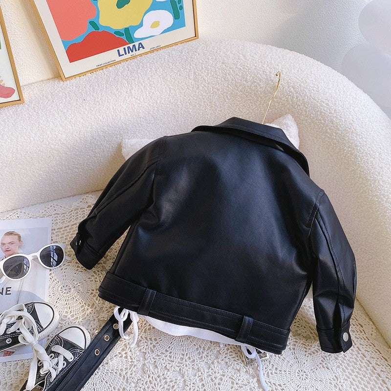 Autumn PU Leather Jackets Spring Kids Boys Girls Classics Handsome Lapel Zippe image 2