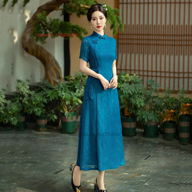 2024 vietnam traditional aodai dress chinese improved qipao national lace jacqu image 2
