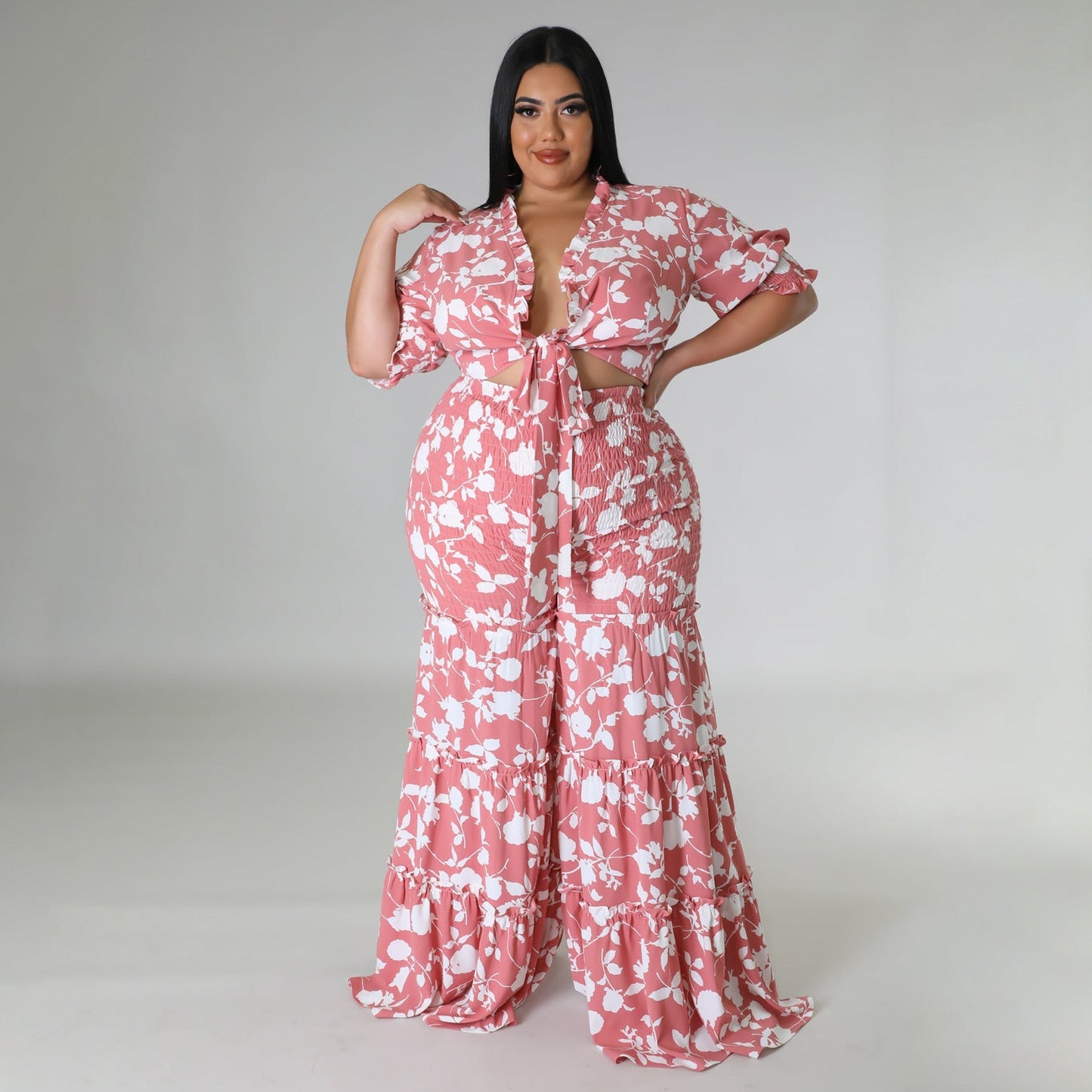 Conjunto de dos piezas con estampado de Perl de talla grande para mujer, top informal de vendaje + pantalones anchos sueltos