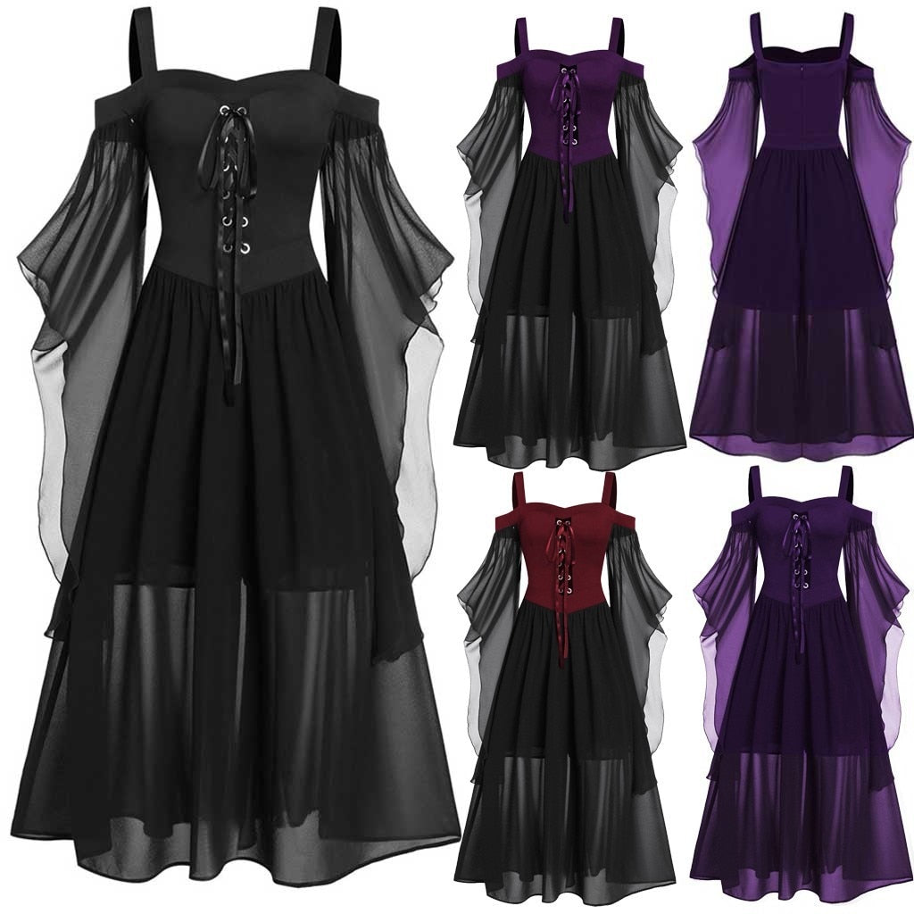 Vestido vintage de Halloween para mujer, estilo gótico, con cordones y malla, talla grande