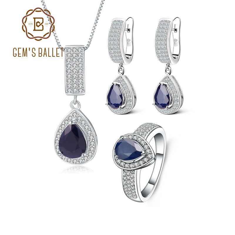 GEM'S BALLET Conjunto de joyas de piedras preciosas de zafiro azul natural clásico en plata de ley 925