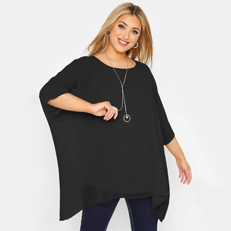 Blusa informal de verano elegante con mangas de murciélago holgadas de talla grande para mujer con mangas 3/4