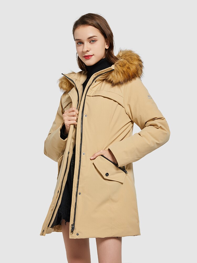 Chaqueta de plumón de invierno Orolay para mujer, cálida, con capucha y bolsillos, de longitud media