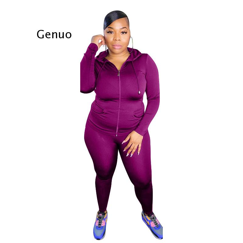 Traje de mujer de talla grande de punto de color sólido otoño invierno moda casual de dos piezas