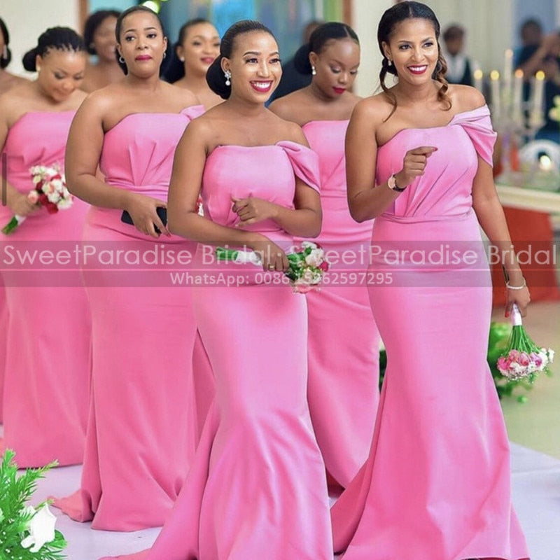 Vestidos de dama de honor de sirena con un solo hombro, largos, de satén rosa, para niñas africanas, económicos, Trum