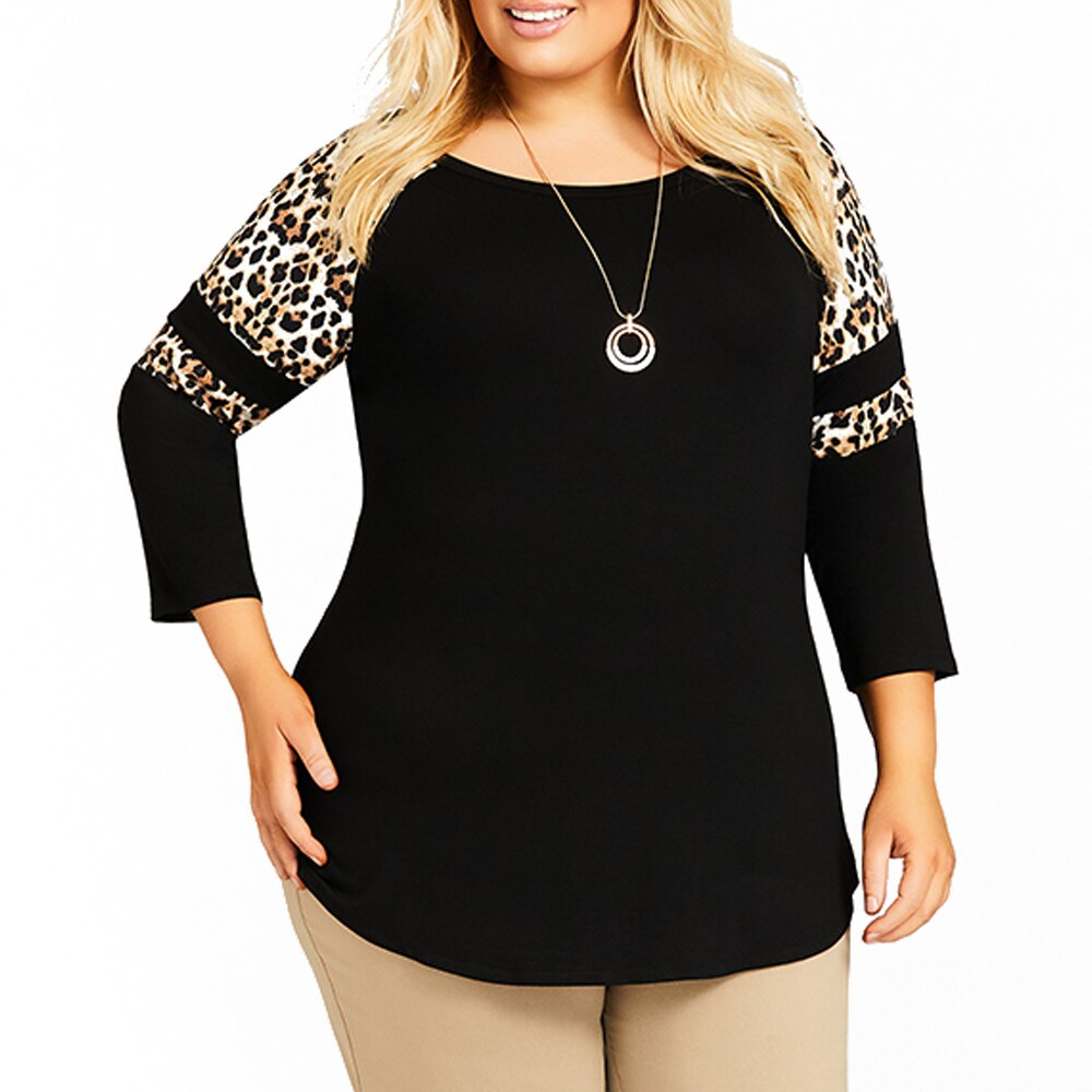 Camiseta navideña de talla grande para mujer, con cuadros, empalme, manga larga, cuello redondo