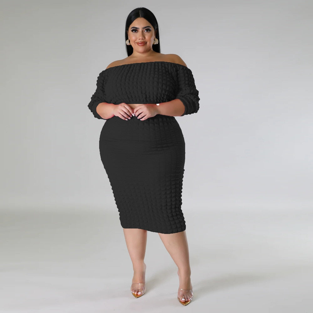Top de manga larga con hombros descubiertos y traje de falda larga con cuello alto y dos piezas de palomitas de maíz de Perl Plus Size