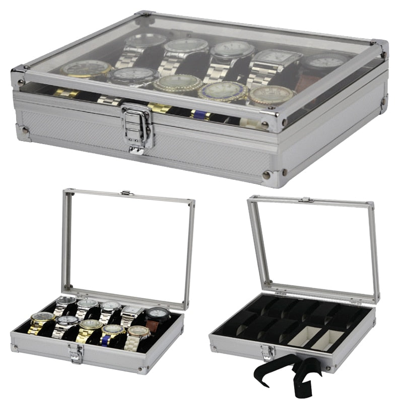 Caja organizadora de relojes con ranuras de aleación de aluminio, hecha a mano, para guardar joyas