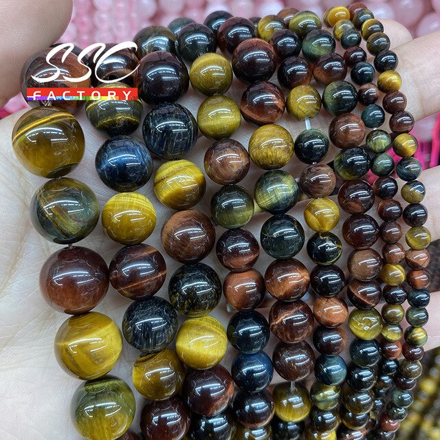 خرز عين النمر الأزرق من الحجر الطبيعي عالي الجودة 5A، خرز دائري فضفاض 6 8 10 12 مم