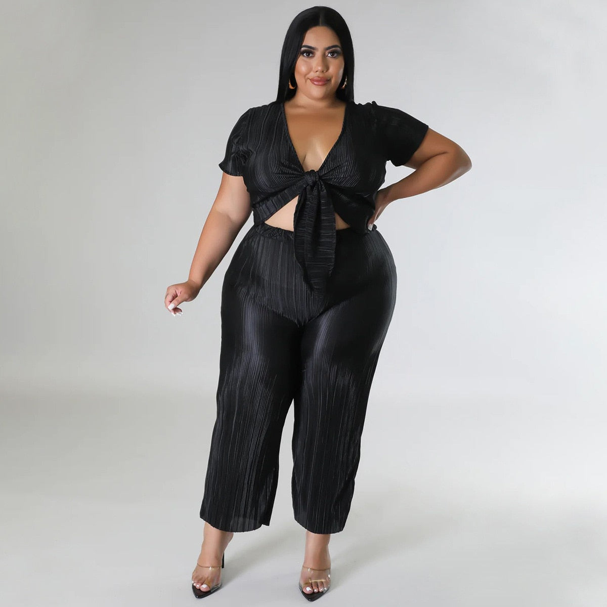 Conjunto de 2 piezas de ropa de mujer de talla grande Perl, conjunto plisado a juego, vendaje corto para