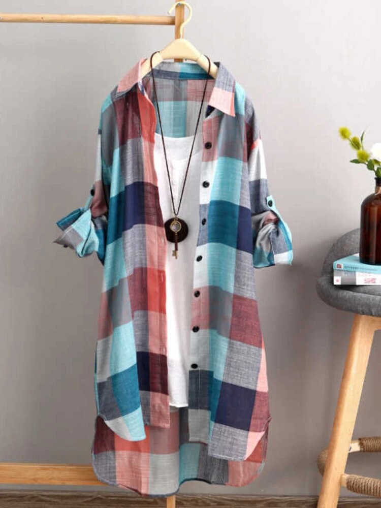 Blusa holgada a cuadros de talla grande para mujer, camisa de algodón para mujer, longitud media, otoño, larga S