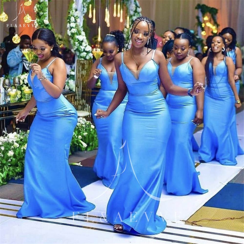 Vestido de satén azul para dama de honor, tirantes finos, corte sirena, para fiesta de boda