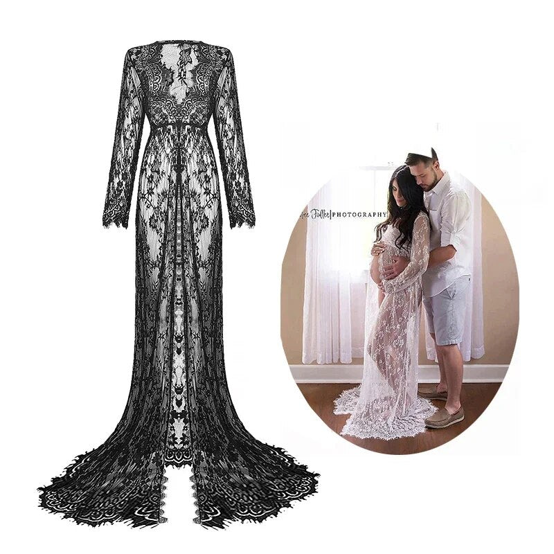 Women Front Split Long Maxi Maternity Lace Dress Pregnant Gown Photography Prop image 0
