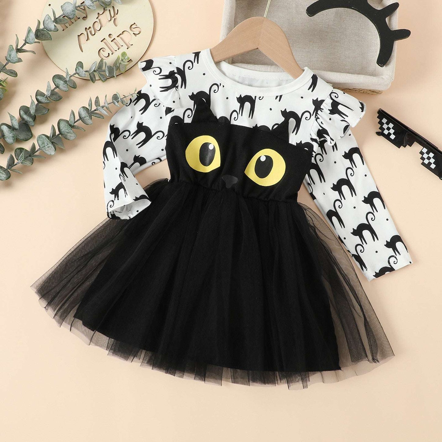 Toddler Kids Girls Infant Long Sleeve Cartoon Halloween Prints Mesh Tulle Princ image 1