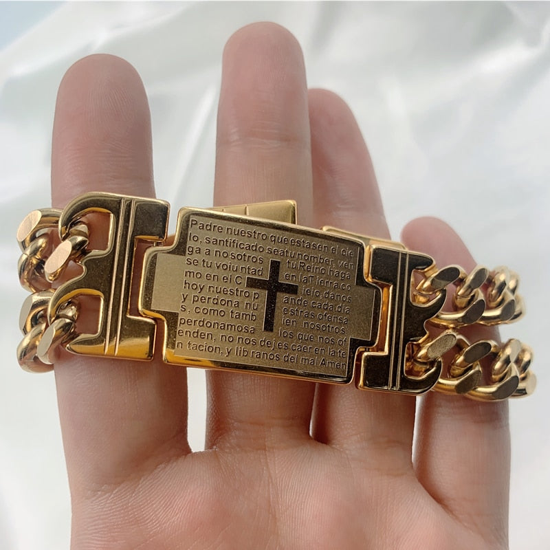 Mens Stainless Steel Bracelet Gold Color Cuban Chain Jesus Cross Bracelet Man image 5