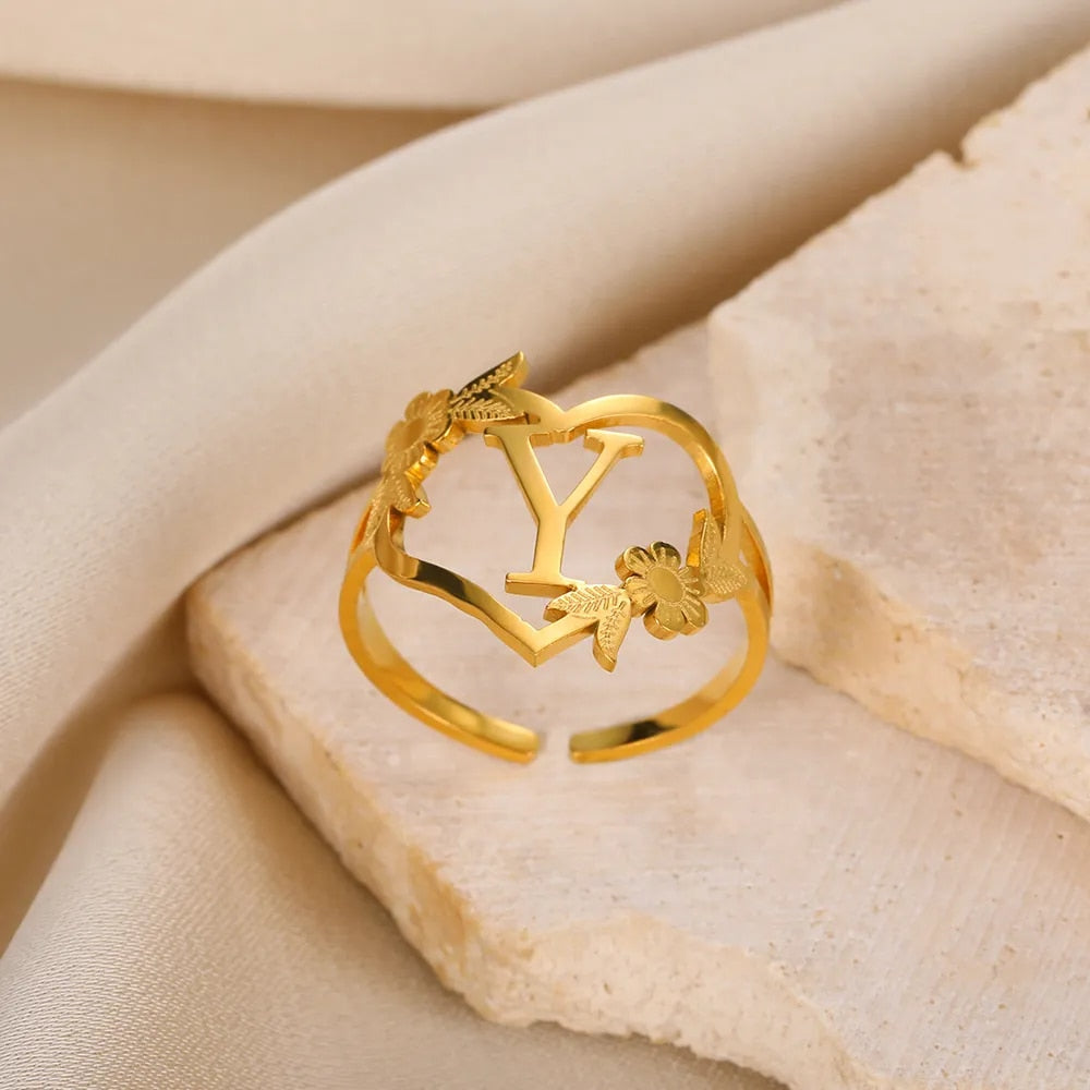 Stainless Steel Initials Flower Heart Rings Gold Color Adjustable Delicate Lett image 22
