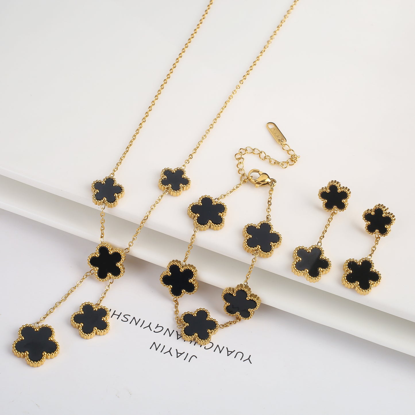 3Pcs 18k Gold-Plated Five-Leaf Flower Necklace Earrings Bracelet Jewelry Set Fo image 19