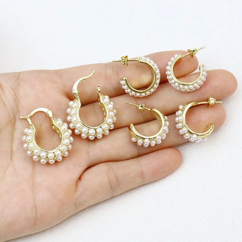 5 Pairs Fashion Design Elegant Pearls Hoop earrings Gold Plated Pearls Earring image 4