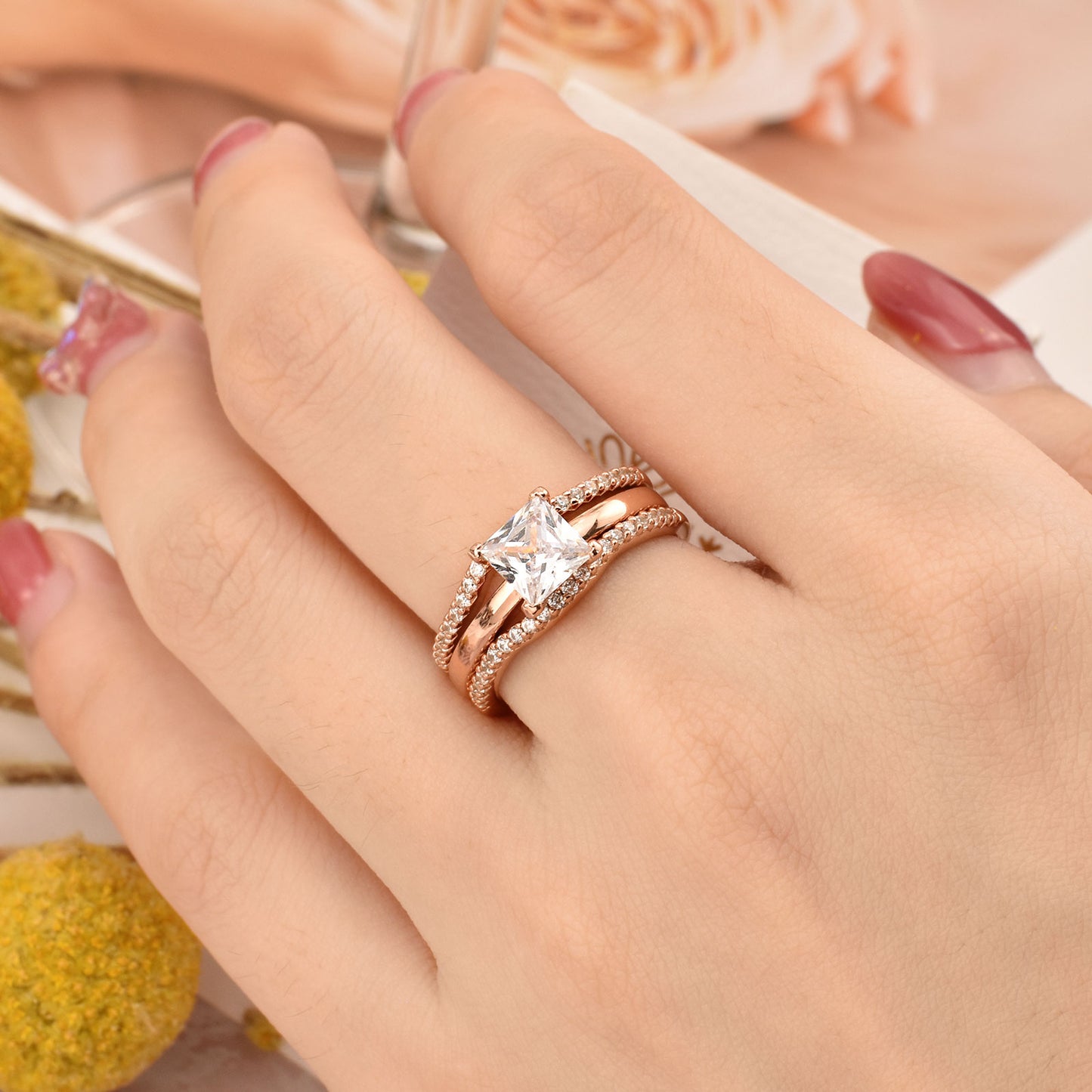 Newshe Silver & Yellow Rose Gold 925 Sterling Silver Princess Cut CZ Wedding image 3