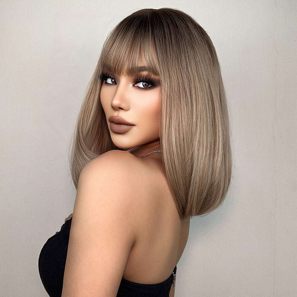 Short Straight Bob Wigs with Bangs Golden Brown Natural Synthetic Hair for Wome image 8