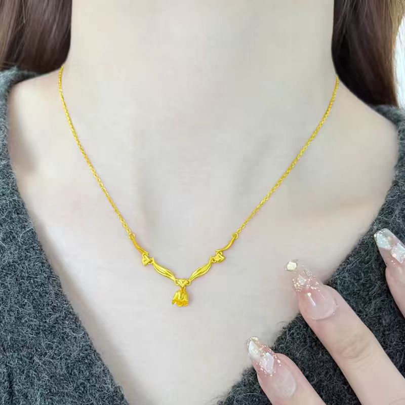 Elegant Real 14 K Gold Color Linglan Flower Necklace Pendant Set Chain for Wome image 1