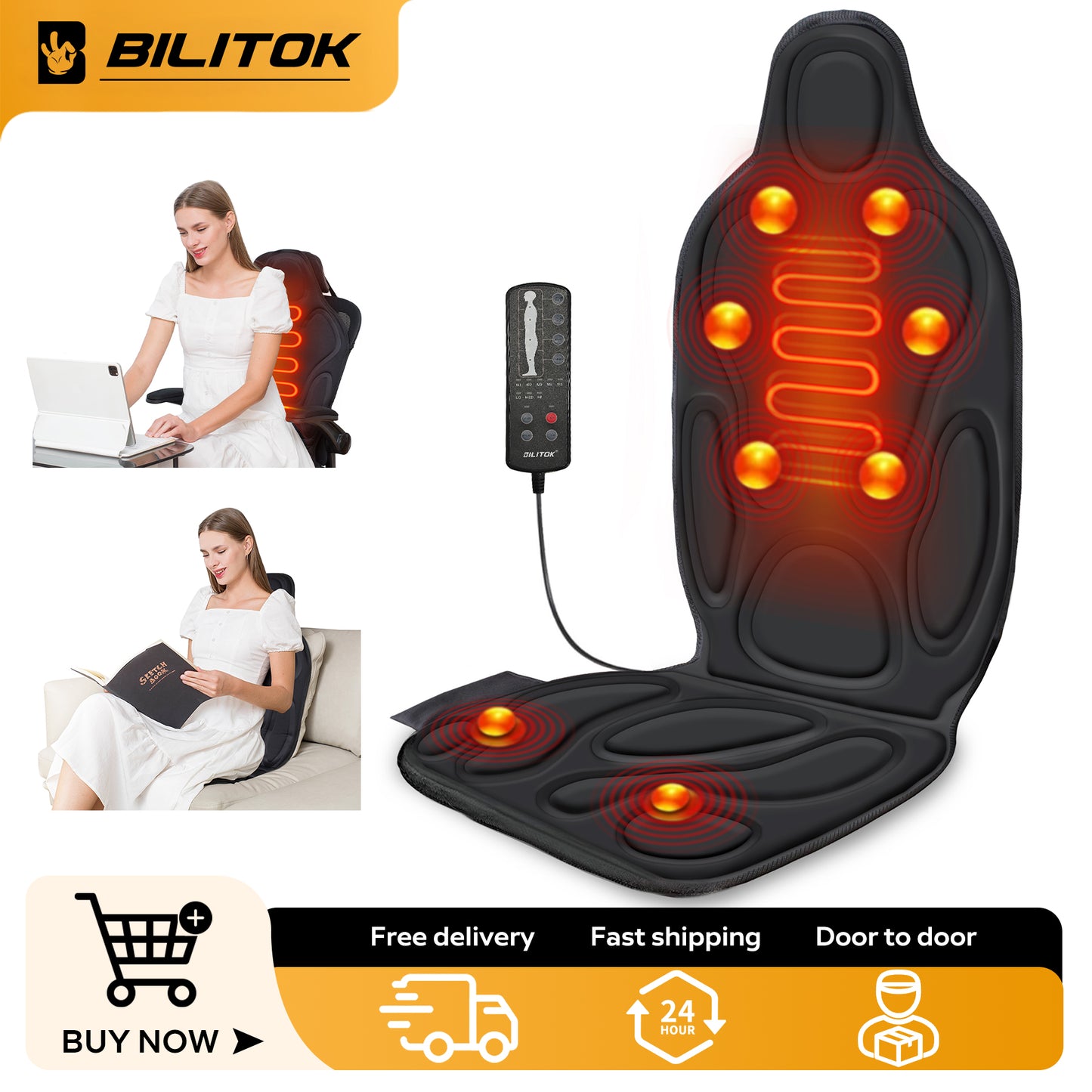 Vibration Massage Seat Cushion with Heat, 6 Vibrating Motors, Back Massager for image 1