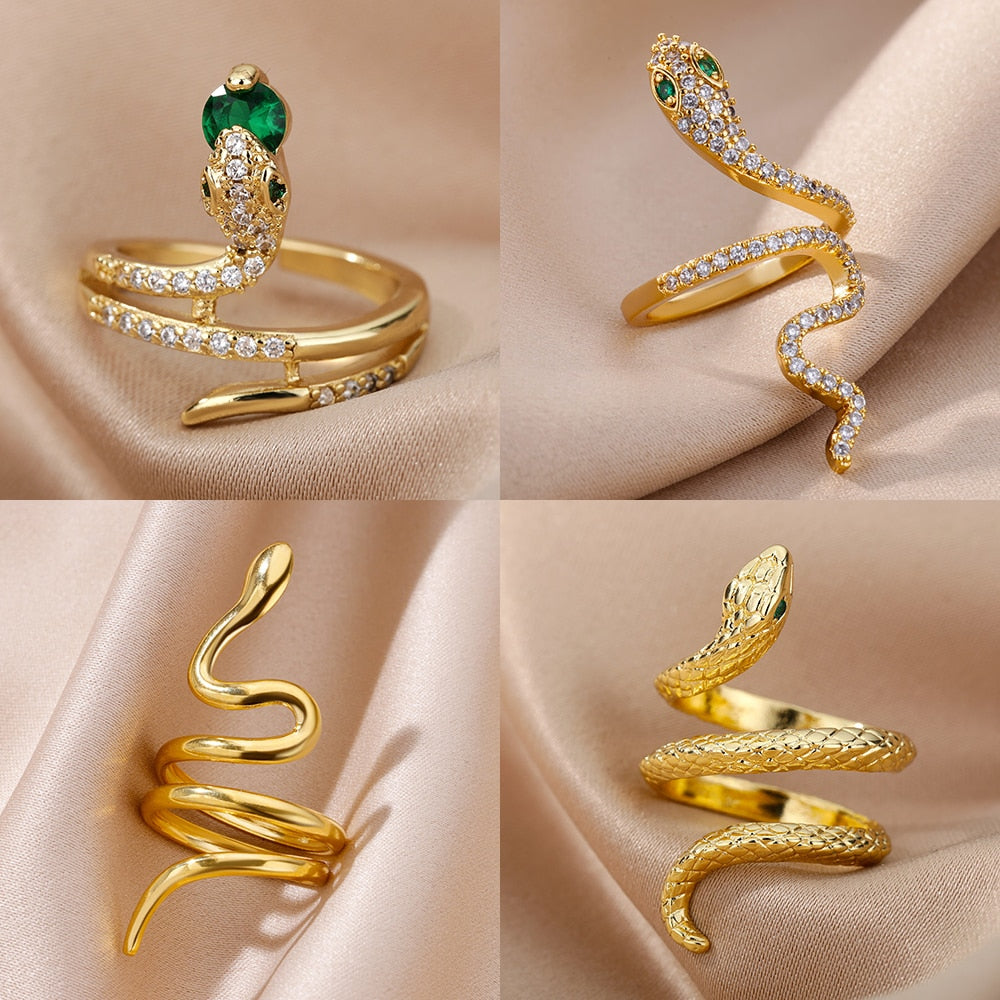 Stainless Steel Snake Rings For Women Men Gold Plated Open Adjustable Zircon Ri image 0