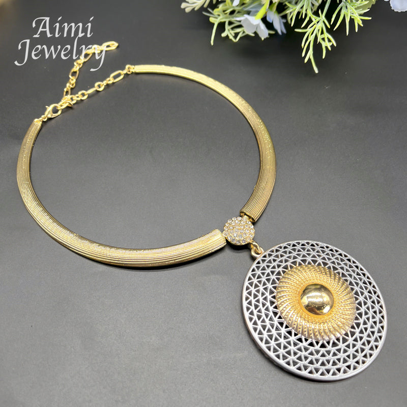 Large Round Pendant 18K Gold Plated Jewelry Set for Women Necklace Earrings Bra image 3