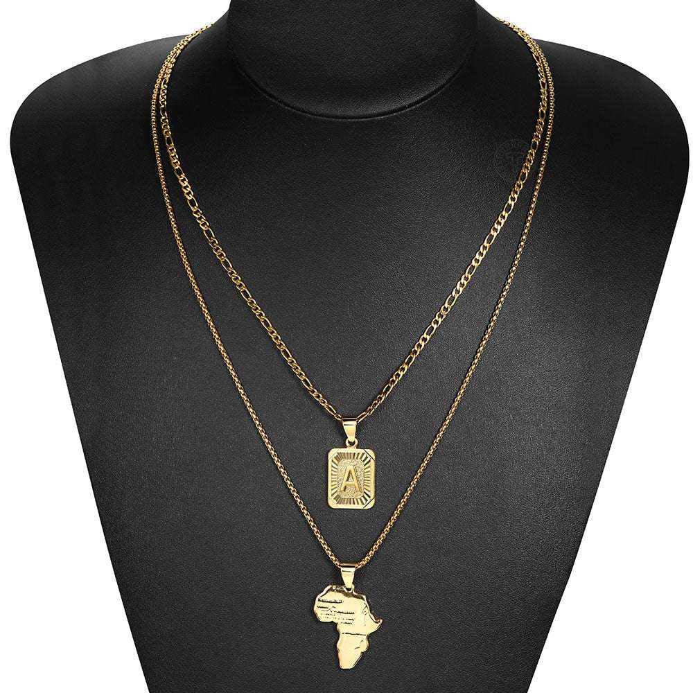 2pcs/set Letter Map Pendants Necklace Figaro Box Link Chain For Women Men Gold image 3