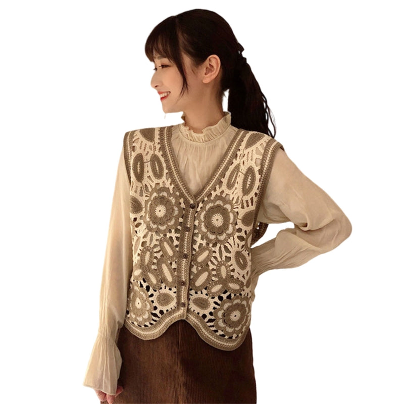 Women Spring Crochet Sleeveless Sweater Vest Waistcoat V-Neck Button Down Hollo image 4