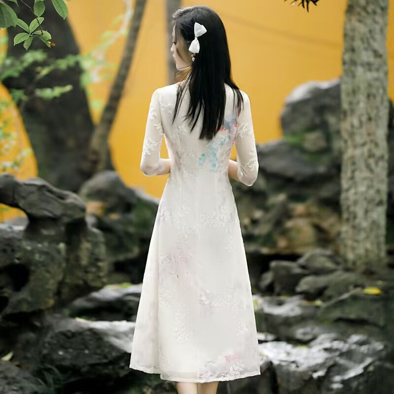 Summer Chiffon Ao Dai Elegant Dress Qipao Oriental Printing Dress Qipao Vietnam image 1