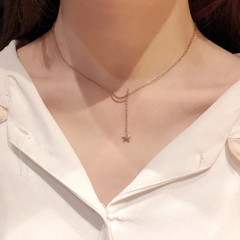 New Simple Moon Star Pendant Choker Necklace Simple Gold Color Alloy Charm Chai image 4