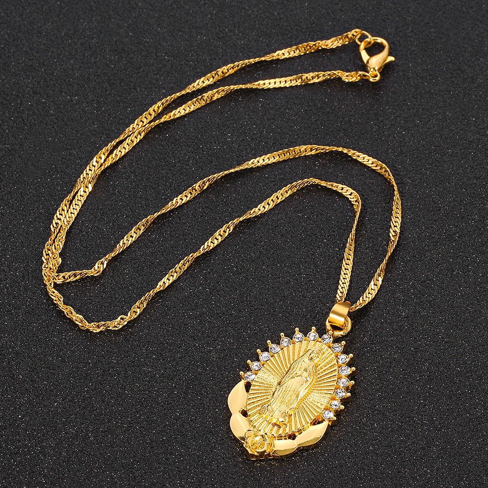 Virgin Mary Necklace Gold Color Bijoux Imitation Crystal Statement Necklace image 2