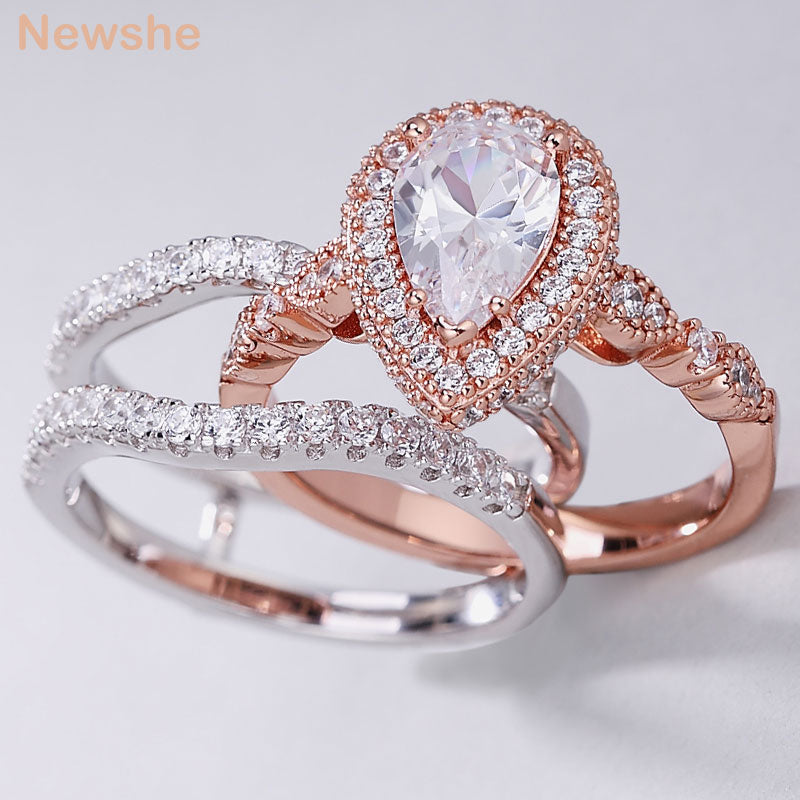 Newshe Yellow Rose Gold Engagement Ring Set 925 Sterling Silver Adjustable image 1