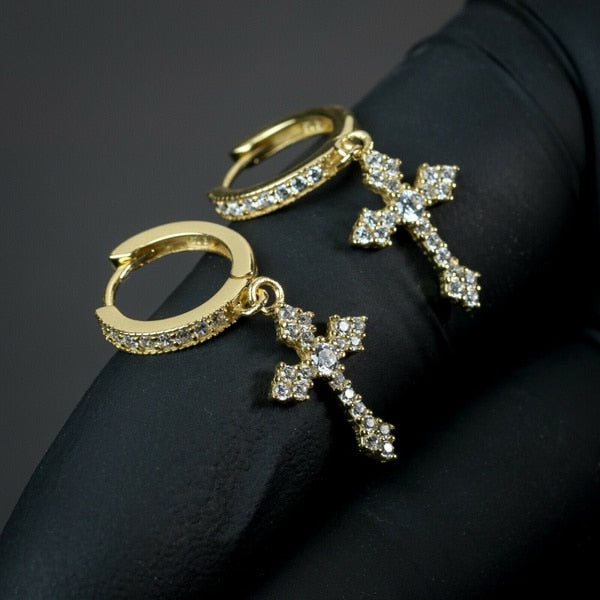 Punk Gold Color Cross Stud Earrings Hip Hop White Litter Rhimestone Jewelry Pie image 2